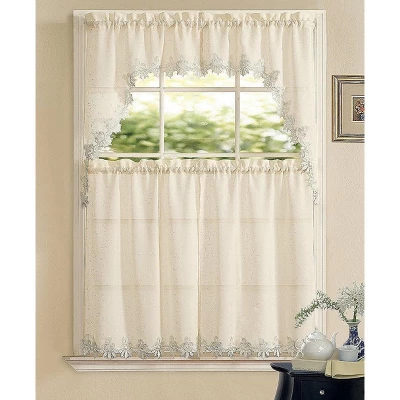 Kate Aurora Country Farmhouse Living Complete 4 Piece Orchard Sheer Embroidered Kitchen Curtain Tier & Swag Valance Set - Beige 1 Kate Aurora Country Farmhouse Living Complete 4 Piece Orchard Sheer Embroidered Kitchen Curtain Tier & Swag Valance Set - Beige