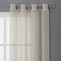 Kate Aurora 2 Piece Metallic Shimmer Chic Striped Flax Styled Sheer Grommet Top Curtains