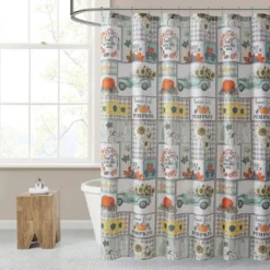 Kate Aurora Autumn Accents Plaid Patchwork Fall Pick Up Trucks & Pumpkin Patch Fabric Shower Curtain - Standard Size
