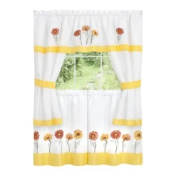 Kate Aurora Montauk Accents Embroidered Sunflowers & Daisies Complete 5 Piece Cottage Kitchen Curtain Tier & Valance Set