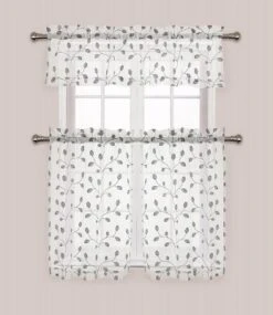 GoodGram Adler Metallic Embroidered Leaves 3 Piece Sheer Kitchen Curtain Set