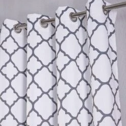 Kate Aurora Montauk Accents 2 Piece White & Gray Trellis Light Filtering Modern Geometric Grommet Top Window Curtains
