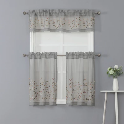Kate Aurora Shabby Sheer Embroidered Complete 3 Piece Floral Rod Pocket Cafe Kitchen Curtain Tier & Valance Set 7 Kate Aurora Shabby Sheer Embroidered Complete 3 Piece Floral Rod Pocket Cafe Kitchen Curtain Tier & Valance Set - Image 7