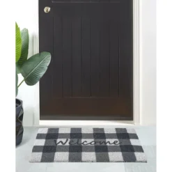 Kate Aurora All Season Black & White Plaid Country Farmhouse Coir Bristled Outdoor All Season Welcome Mat - 18"x30"