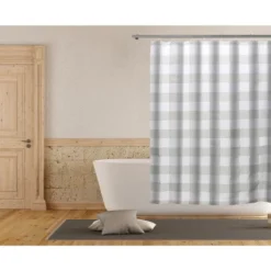 Kate Aurora Country Farmhouse Living Buffalo Plaid Checkered Gray & White Fabric Shower Curtain - 72 In. W X 72 In. L