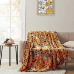 Kate Aurora Oversized Halloween Orange Spooky Cats & Broomstick Ultra Soft & Plush Accent Throw Blanket - 50 In. W X 70 In. L