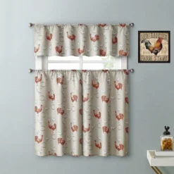 Kate Aurora Living Country Farmhouse Red Rooster Barn 3 Piece Kitchen Curtain Tier & Valance Set - 56 In. W X 15 In. L