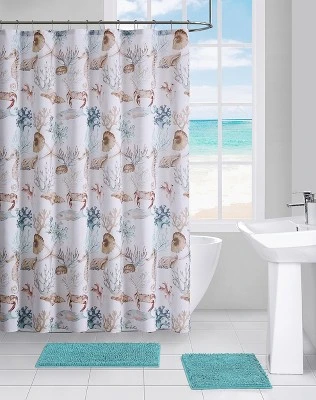 Kate Aurora Seaside Villa Mosaic Coastal Seahorses & Coral Fabric Shower Curtain 1 Kate Aurora Seaside Villa Mosaic Coastal Seahorses & Coral Fabric Shower Curtain