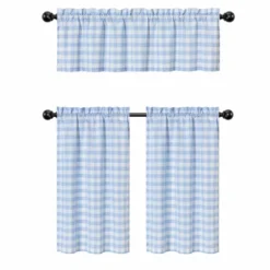 Kate Aurora Country Farmhouse Living Blue Plaid Gingham 3 Pc Kitchen Curtain Tier And Valance Set - 56 In. W X 36 In. L