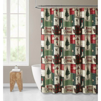 Kate Aurora Merry Christmas Evergreens & Ornamets Plaid Farmhouse Fabric Shower Curtain 1 Kate Aurora Merry Christmas Evergreens & Ornamets Plaid Farmhouse Fabric Shower Curtain
