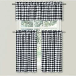 Kate Aurora Country Farmhouse Black & White Gingham Checkered Plaid Kitchen Curtain Tier & Valance Set - 58 In. W X 36 In. L