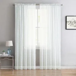 Kate Aurora 2 Piece Rod Pocket White Plaid Sheer Voile Window Curtain Panels