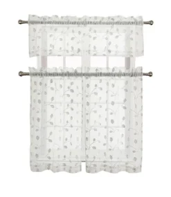 GoodGram Adler Metallic Embroidered Leaves 3 Piece Sheer Kitchen Curtain Set -Kate Aurora GUEST dd060380 1d24 4346 bb6b 00c75b129776