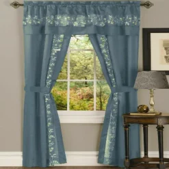 Kate Aurora Complete 5 Piece Embroidered Floral Attached Window In A Bag Sheer Curtain Set