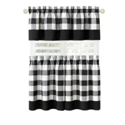 Kate Aurora Modern Country Farmhouse 3 Piece Plaid Checkered Cafe Kitchen Curtain Tier & Valance Set