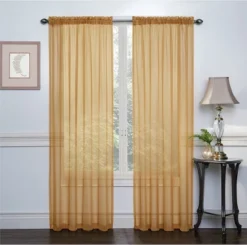 Kate Aurora 2 Piece Basic Sheer Voile Rod Pocket Window Curtains - Gold, 84 In. Long