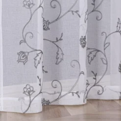 Kate Aurora 2 Piece Scroll Floral Embroidered Sheer Voile Grommet Top Window Curtains